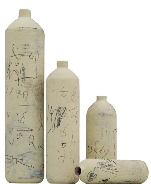 Ceramics Charles Munka | Mixed Media on Aluminum Cannister | 60 x 15 cm, 40 x 12 cm, 30 x 10 cm, 30 x 8 cm | 2013